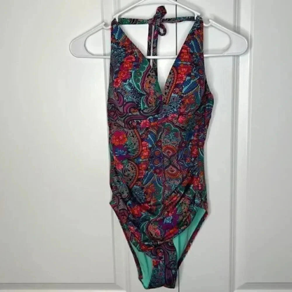 MOONTIDE Colorful Floral Print Twist Front Halter One Piece Swimsuit NWOT